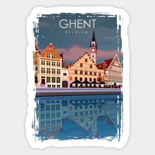 Ghent Blegium Vintage Minimal Retro Travel Poster at Night Sticker